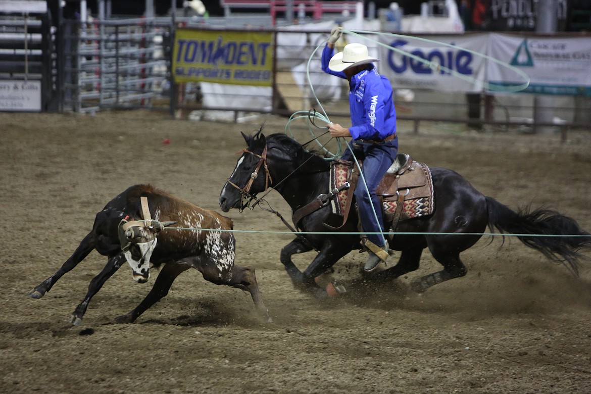 The team roping competition sees a header and a heeler attempt to wrangle a moving steer.