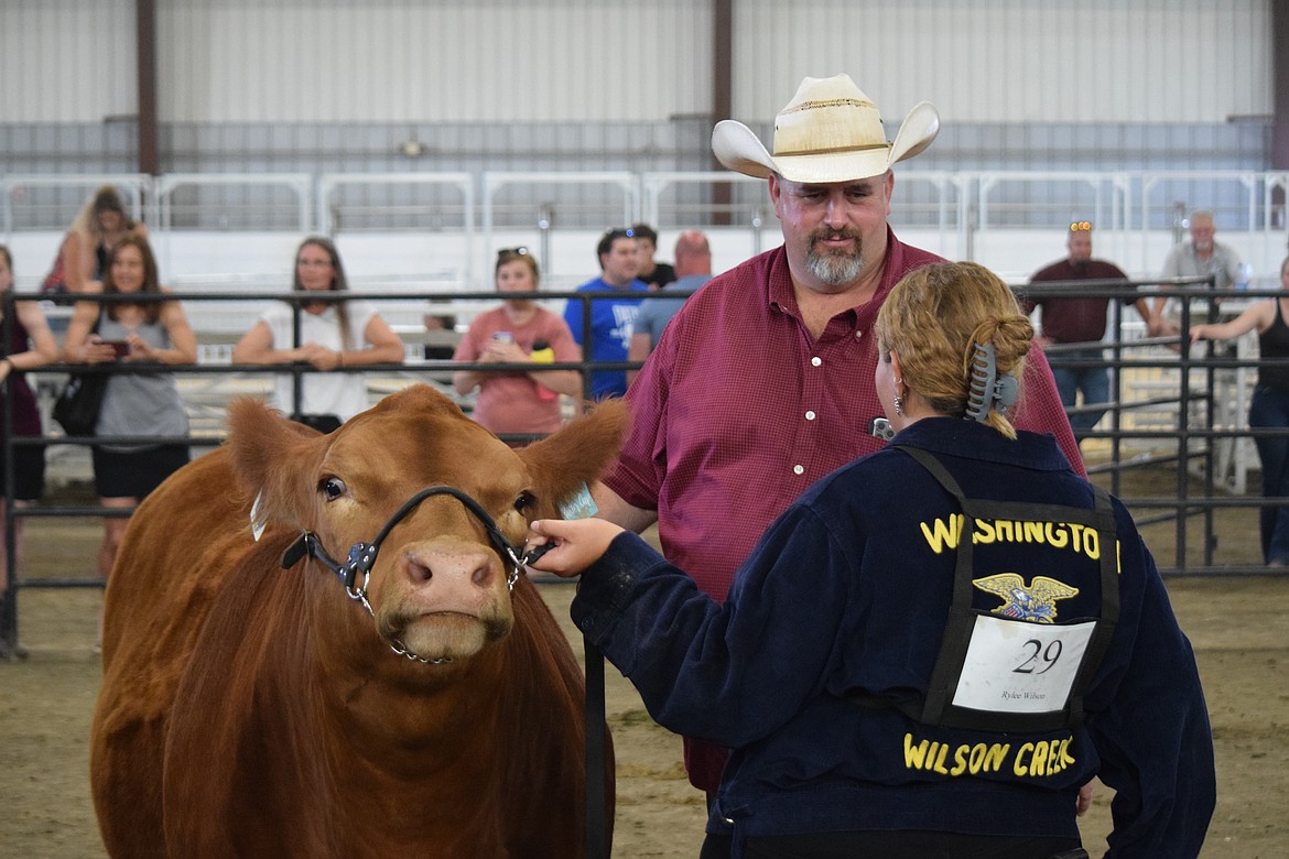 Cattle judge and Warden-area rancher Myles Tellefson talks with Wilson Creek High School graduate and Future Farmers of America member Rylee Wilson as she holds her steer Buttercup during a Thursday morning competition at the Grant County Fair. Wilson won grand champion for her round, one of four awards she won at this year’s fair with her steers Buttercup and Honeybun.