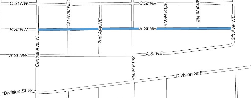 This section of B Street Northeast in Quincy, highlighted in the map above, is currently under construction.