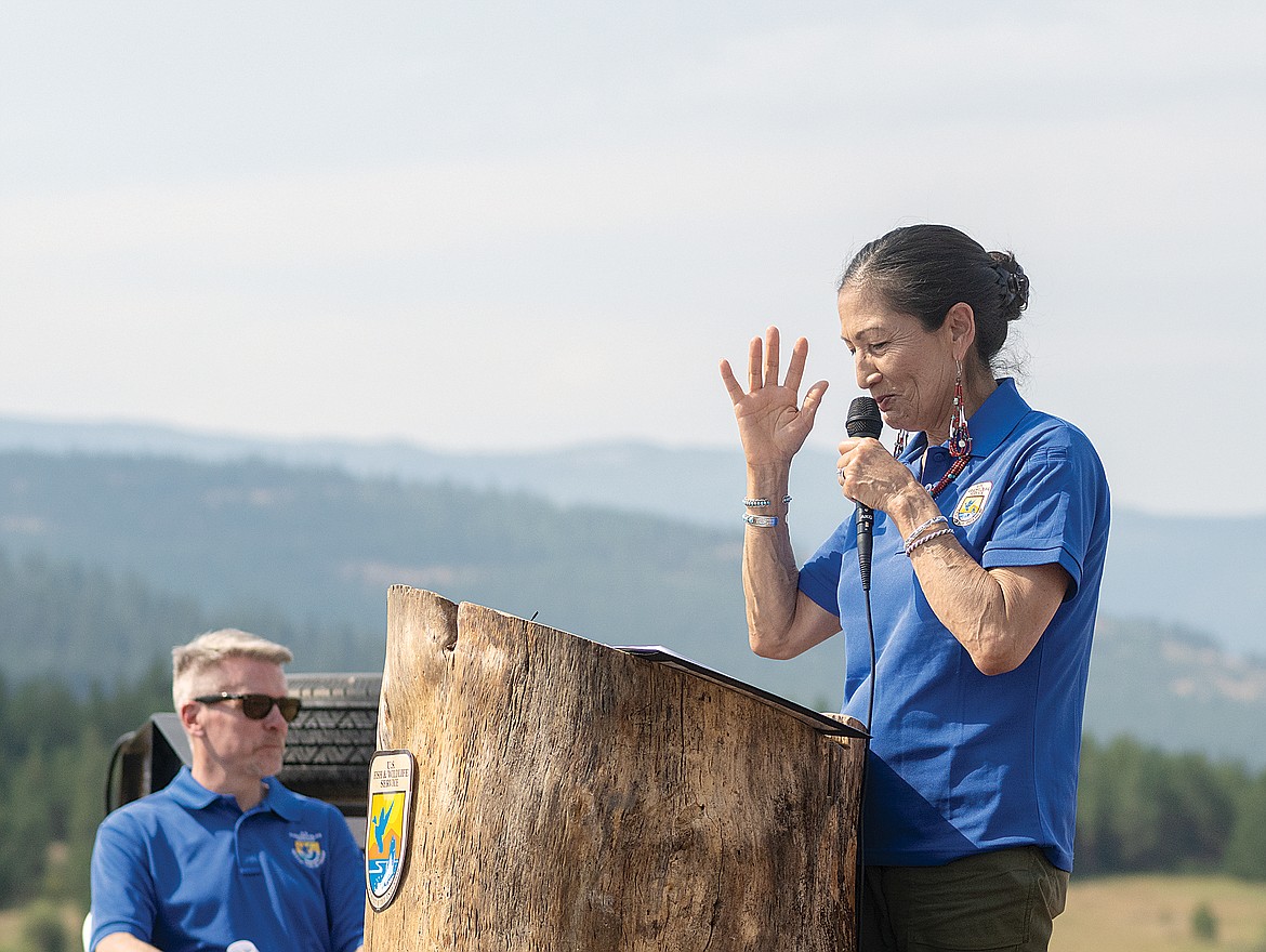 Secretary of Interior Deb Haaland talks about the Lost Trail National Wildlife Conservation Area during a ceremony Saturday at the refuge. (Chris Peterson photo)