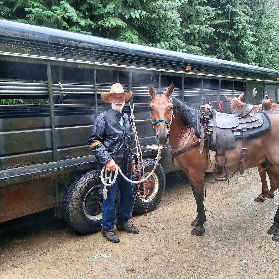 Tom Heacock begins to load one of the horses that he and Jeff Stanek used to rescue a family at Hub Lake. A family camping trip went sideways when both parents were injured. A text from the mother to a friend in Idaho made its way to the West End Volunteer Fire Department where the mission was devised and implemented with volunteers from St. Regis, DeBorgia and Haugan. (Photo provided)