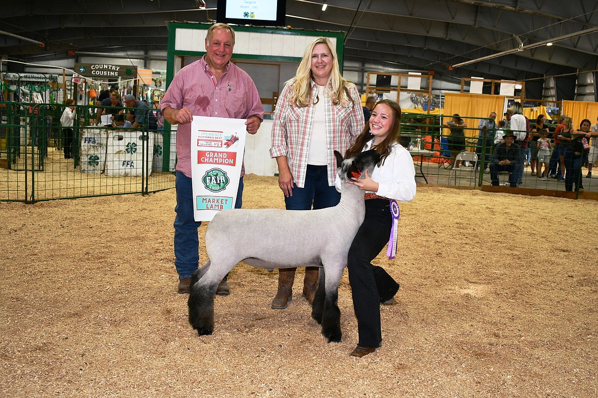 Laila Sargent sold her grand champion sheep to Lemire & Co. for $46 per pound at the annual Market Livestock Sale at the Northwest Montana Fair on Saturday, Aug. 20, 2022. (Courtesy of Alicia Craft Gower)