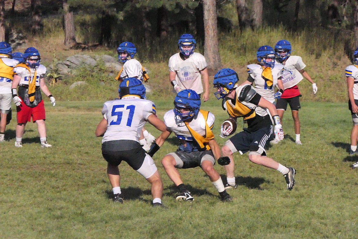 Action during a morning pre-season practice last week in Thompson Falls.  The Blue Hawks open their 2022 season this Friday when they host Townsend at 7 p.m.  (Chuck Bandel/VP-MI)