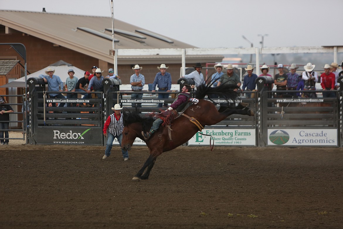 Dylan Riggins rides atop a horse during the bareback riding competition on Saturday evening.