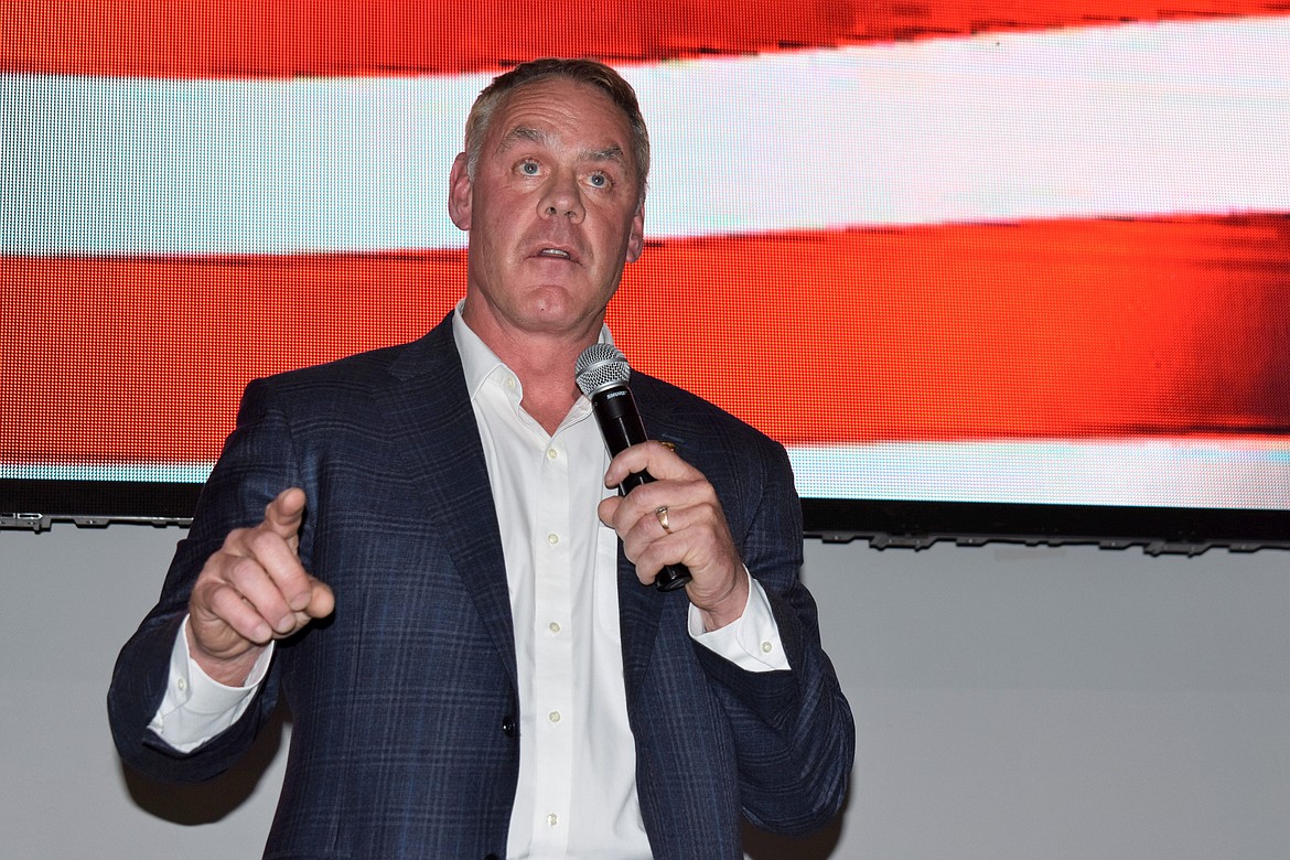 Montana House candidate and former Secretary of Interior Ryan Zinke speaks onstage at an event hosted by Butte-Silver Bow County Republicans at the Copper King Hotel and Convention Center, May 13, 2022, in Butte, Mont. An internal watchdog says Zinke lied to investigators about conversations he had with lobbyists, lawmakers and other officials regarding a bid by two Indian tribes to operate a casino in Connecticut. (AP Photo/Matthew Brown, File)