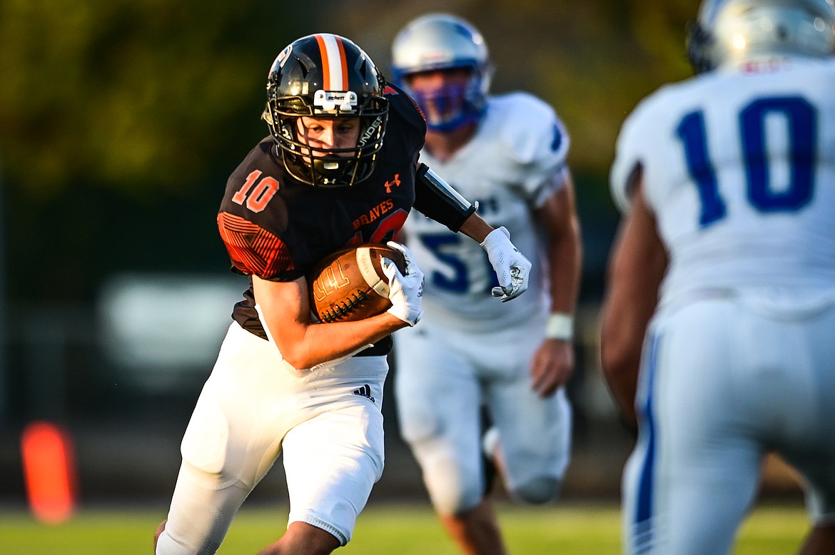 Flathead wide receiver Ben Bliven (10) runs after a reception in the second quarter against Billings Skyview at Legends Stadium on Friday, Aug. 26. (Casey Kreider/Daily Inter Lake)
