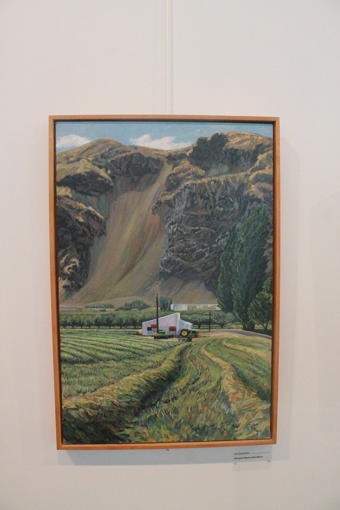 “Pliocene meets John Deere,” an oil painting by Jan Cook Mack, shows the contrast between the ancient basalt cliffs and the modern farm.