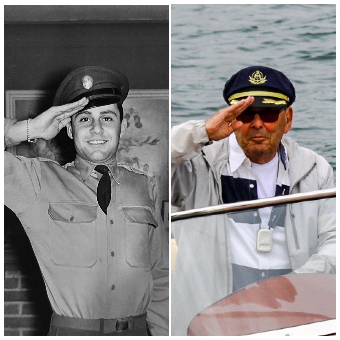 Murray Danzig, in his 20s, gives a salute while serving in the U.S. Army (left) and later salutes from his boat on Lake Coeur d'Alene. Danzig, 90, died Thursday.