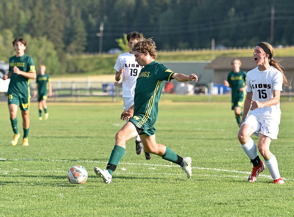 Bulldog senior Charlie Hyatt takes a shot on goal during a game against Lockwood on Friday at Smith Fields. (Whitney England/Whitefish Pilot)