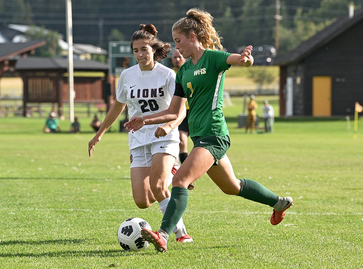 Bulldog Brooke Roberts looks to take a shot on goal in a game against Lockwood on Friday at Smith Fields. (Whitney England/Whitefish Pilot)