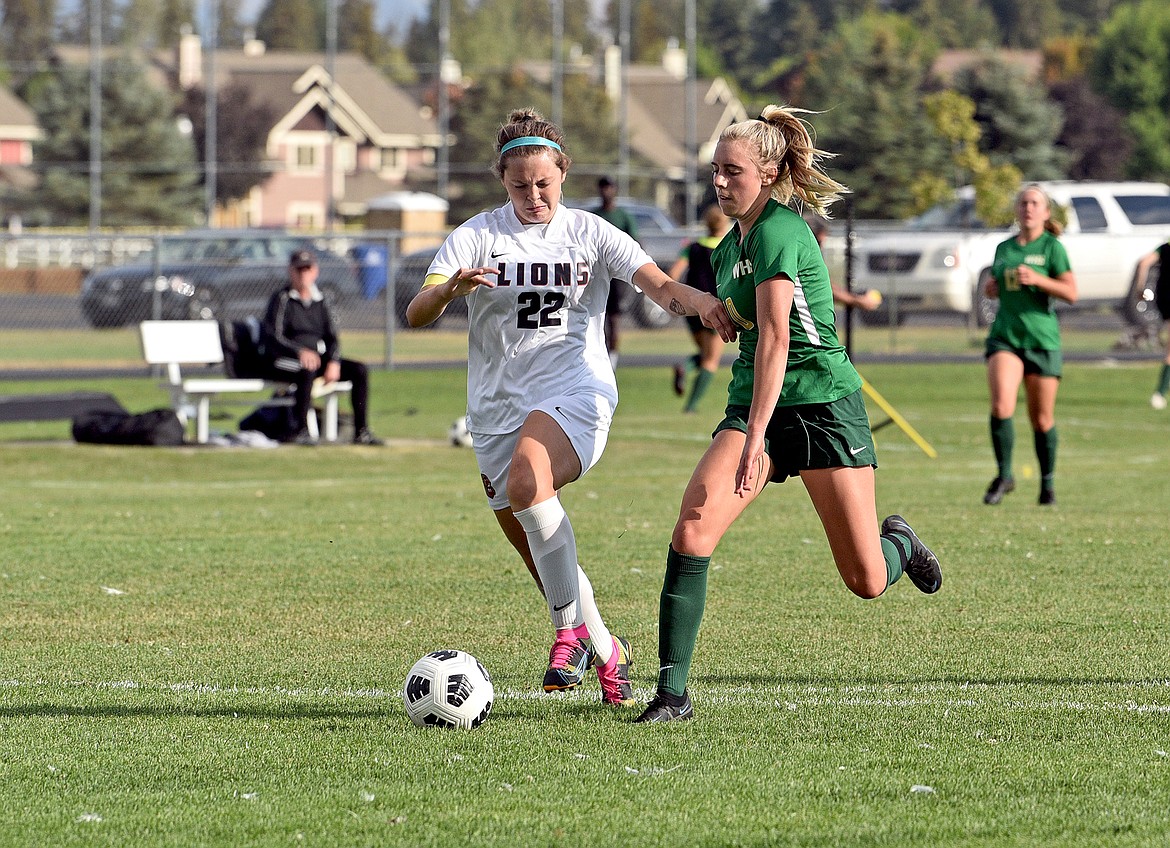 Whitefish's Maddie Muhlfeld dribbles into the box during a game against Lockwood on Friday at Smith Fields. (Whitney England/Whitefish Pilot)