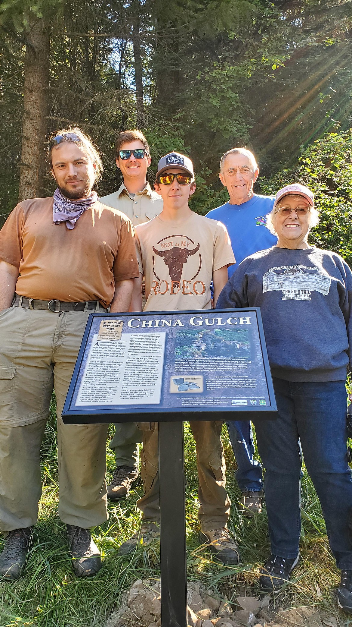 Members of the Superior Ranger District's recreation crew installed Cedar Creek interpretive signs prior to the field trip. Back row, from left, Nick Hoeven, USFS Recreation Technician Crew Leader; Virgil Robinson, volunteer. Front row, Will Cuddy, Recreation Technician; Colton Todd, Recreation YCC member; and Sue McLees, Mineral County Museum and Historical Society. (Photo provided)