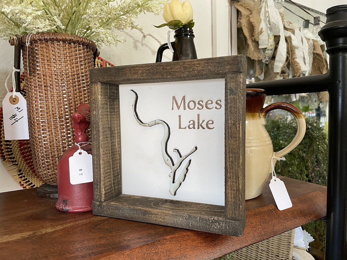 The outline of Moses Lake, a knick-knack on display at the shop. The owners carry a variety of items created by local crafters alongside their own items - and, of course, coffee and baked goods.