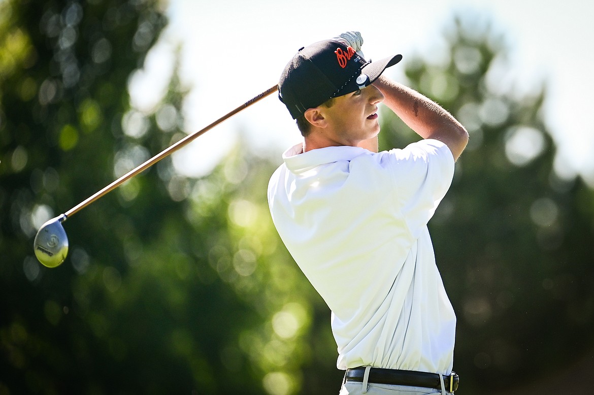 Flathead's Nick Dubois watches his drive on the 10th tee during the Crosstown Cup at Village Greens Golf Course in Kalispell on Tuesday, Aug. 30. (Casey Kreider/Daily Inter Lake)