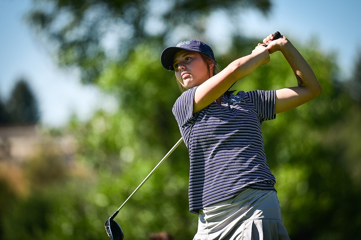 Glacier's (No. 2 girls) watches her drive on the 15th tee during the Crosstown Cup at Village Greens Golf Course in Kalispell on Tuesday, Aug. 30. (Casey Kreider/Daily Inter Lake)