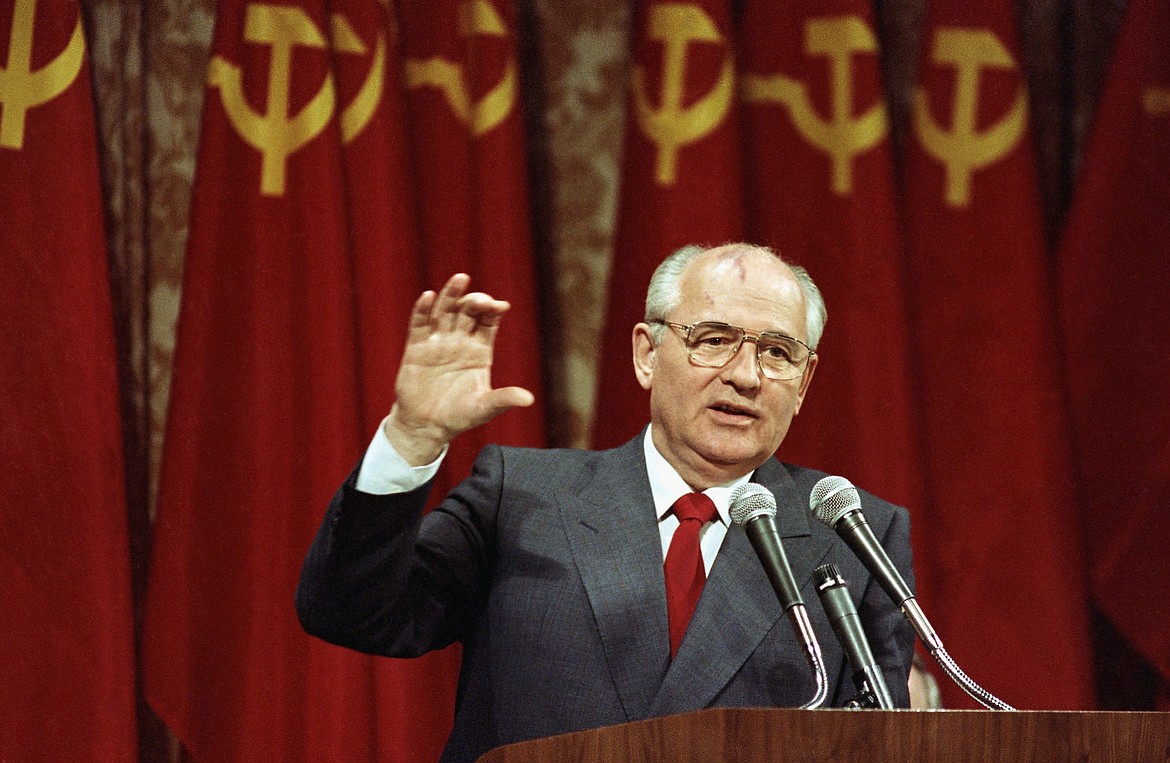 Soviet President Mikhail Gorbachev addresses a group of 150 business executives in San Francisco, Monday, June 5, 1990. Russian news agencies are reporting that former Soviet President Mikhail Gorbachev has died at 91. The Tass, RIA Novosti and Interfax news agencies cited the Central Clinical Hospital. (AP Photo/David Longstreath, File)