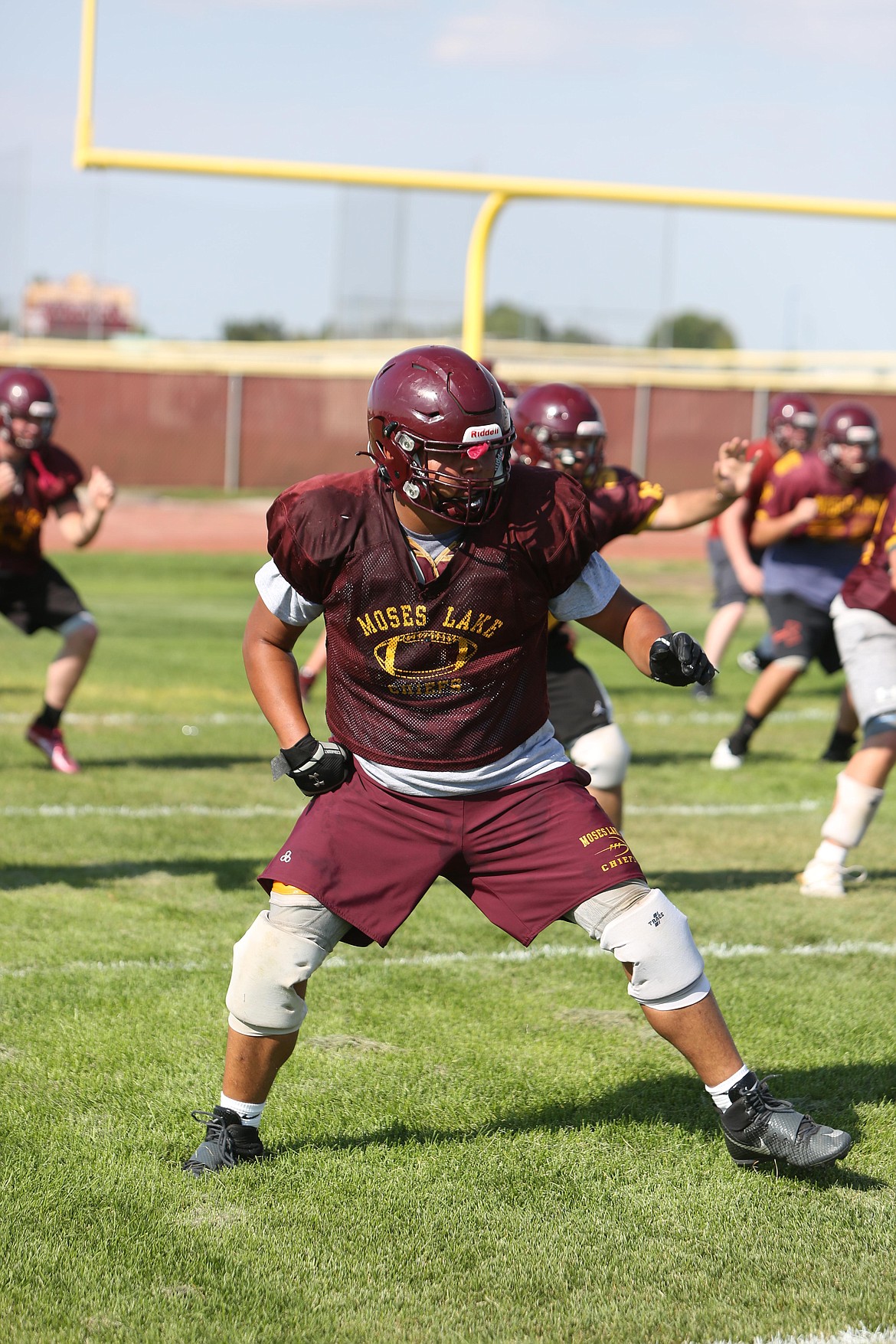 Moses Lake offensive lineman David Araiza works through a pass-blocking drill.