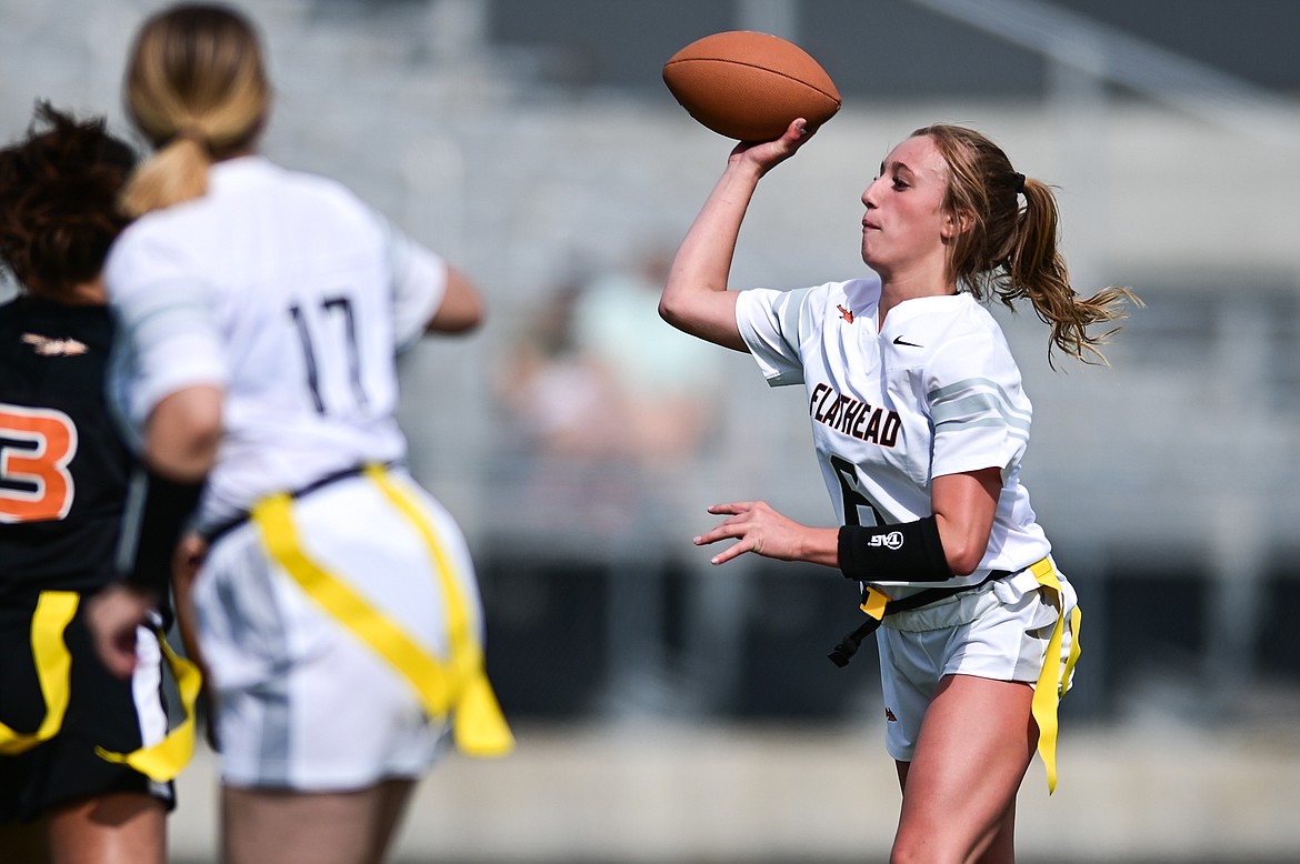 Quarterback Harlie Roth (6) looks for an open receiver during a Flathead Flag Football scrimmage at Legends Stadium on Saturday, Aug. 27. (Casey Kreider/Daily Inter Lake)