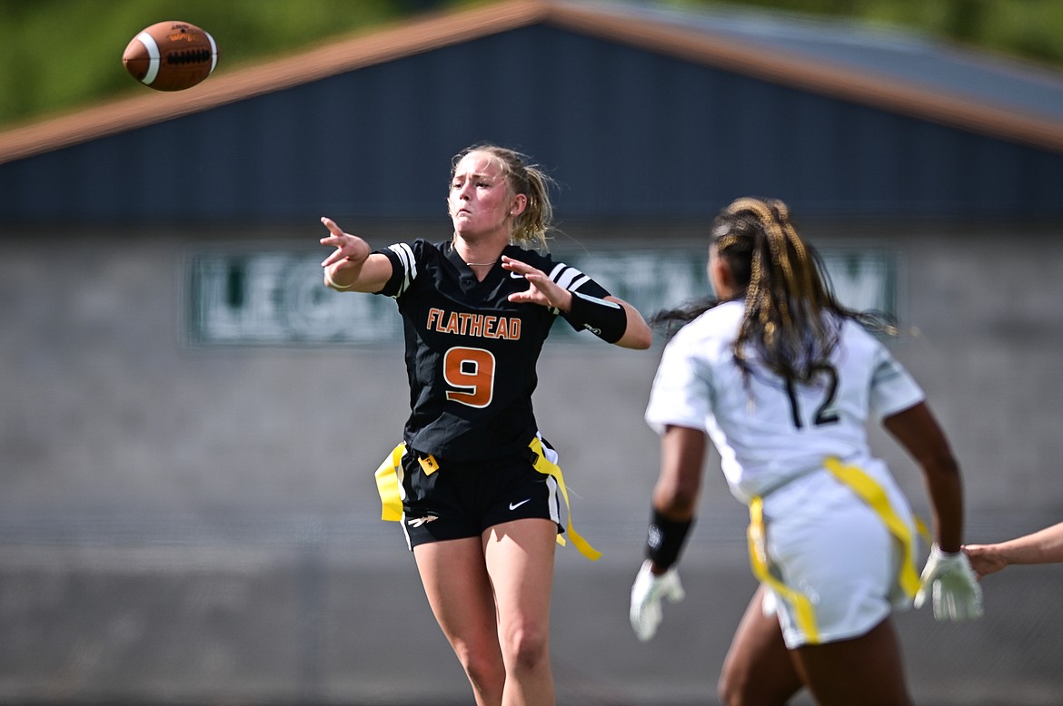 Quarterback Tali Miller (9) looks for an open receiver during a Flathead Flag Football scrimmage at Legends Stadium on Saturday, Aug. 27. (Casey Kreider/Daily Inter Lake)