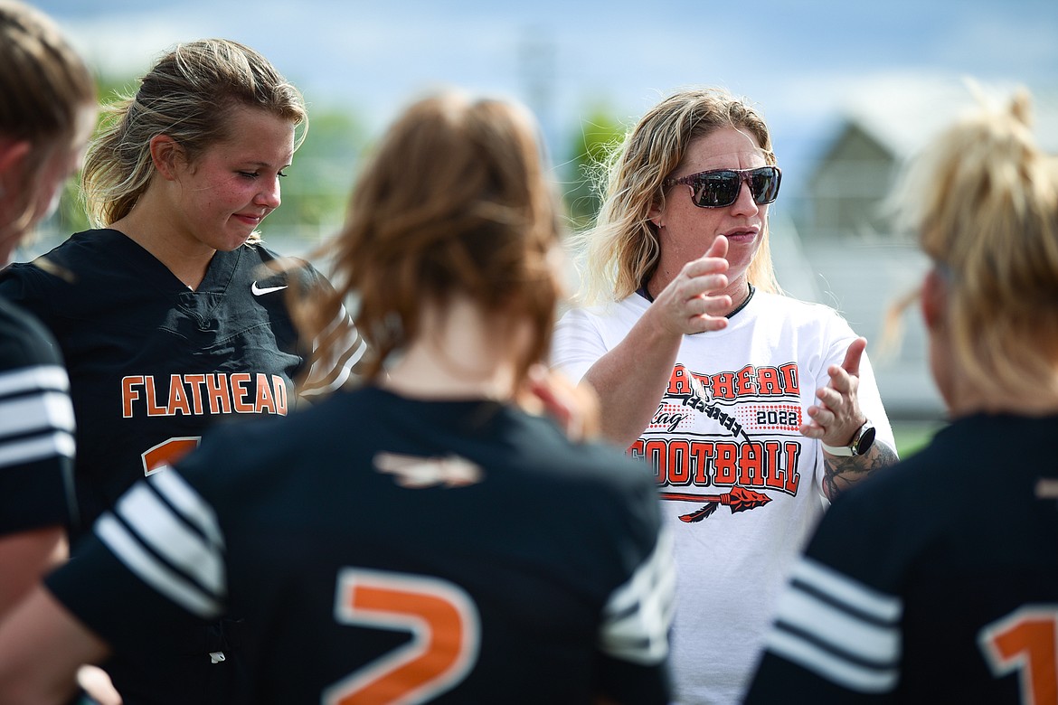 Flathead flag football head coach Lisa Koehler talks during a team scrimmage at Legends Stadium on Saturday, Aug. 27. (Casey Kreider/Daily Inter Lake)