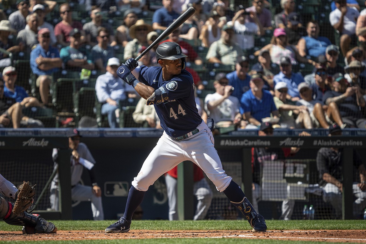 Seattle Mariners' Julio Rodriguez waits for a pitch during an at-bat during a baseball game against the Cleveland Guardians, Thursday, Aug. 25, 2022, in Seattle. The Mariners won 3-1.