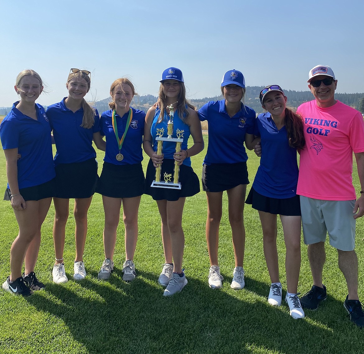 Courtesy photo
The Coeur d'Alene girls golf team captured the team title at the Lakeland Invitational on Thursday at The Links Golf Club in Post Falls. From left are Ava Yates, Stella Deitz, Mady Riley, Addie Garcia, Sophia Vignale, Hayden Crenshaw and coach Jeff Lake.