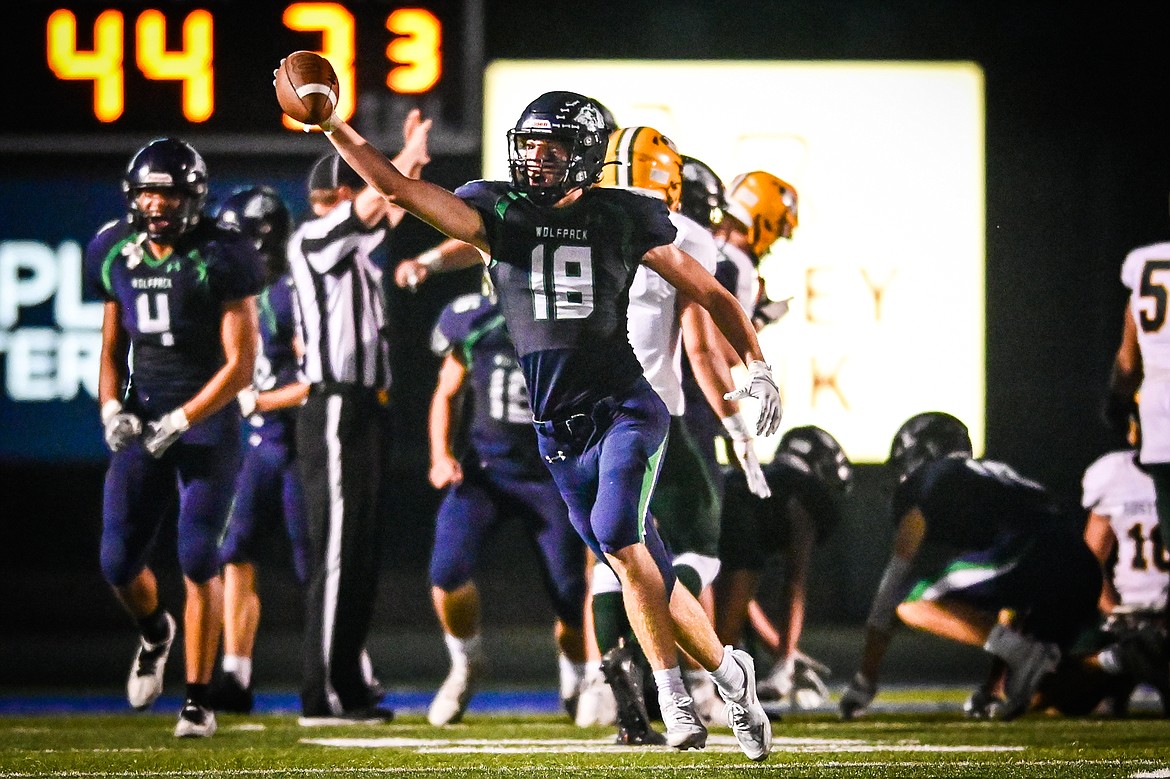 Glacier lineback Cameron Shaw (18) celebrates after recovering a fumble against Great Falls CMR at Legends Stadium on Friday, Sept. 2. (Casey Kreider/Daily Inter Lake)