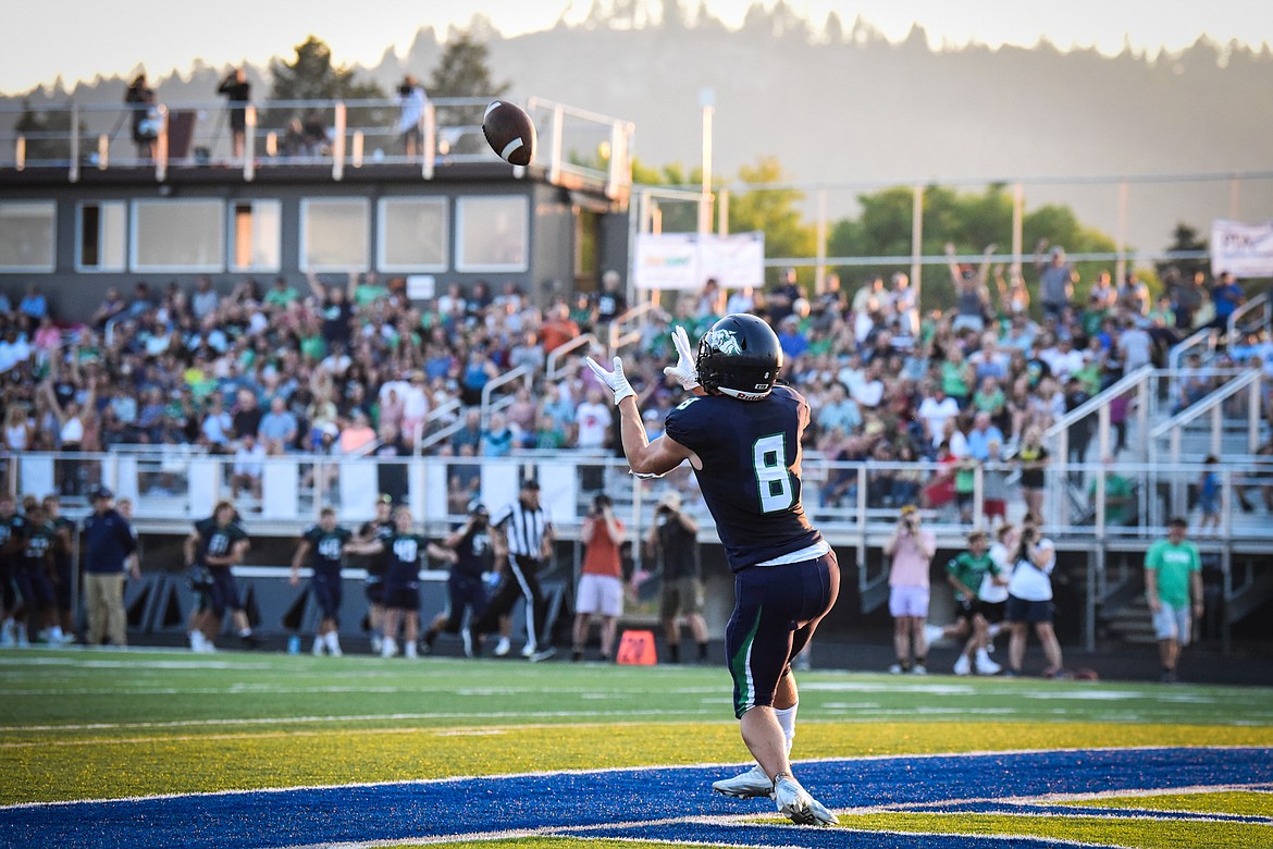 Glacier wide receiver Evan Barnes (8) catches a touchdown reception against Great Falls CMR at Legends Stadium on Friday, Sept. 2. (Casey Kreider/Daily Inter Lake)