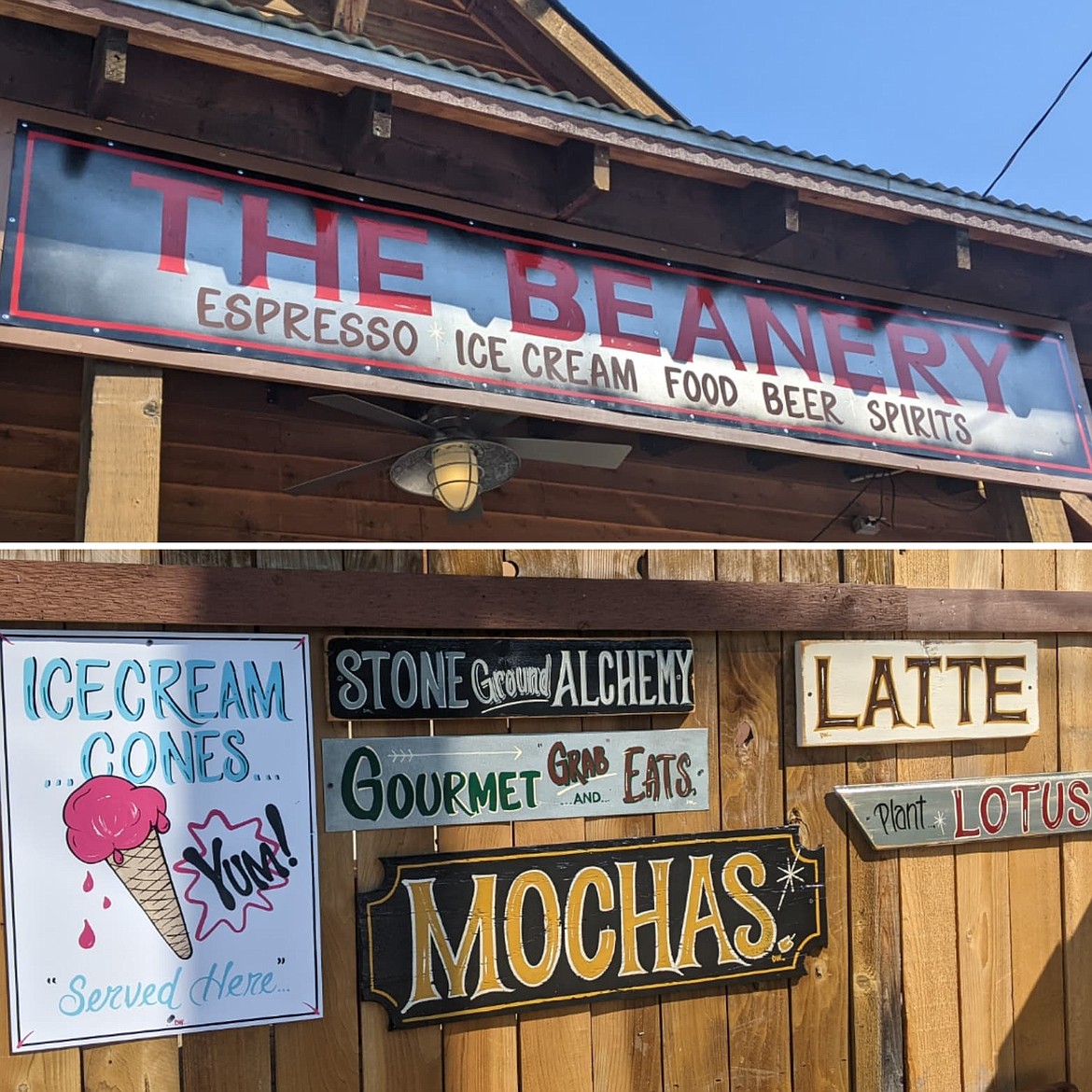 Signs made for The Beanery in Kellogg created by artist Denny Wuesthoff