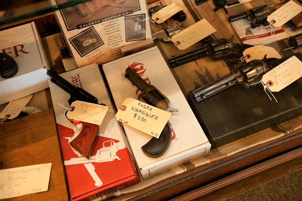 Some of the handguns for sale at Triple B Guns in Coeur d'Alene.