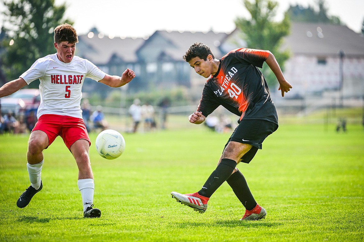 Flathead's Matthew Sanchez (40) shoots in the first half against Missoula Hellgate at Kidsports Complex on Saturday, Sept. 3. (Casey Kreider/Daily Inter Lake)