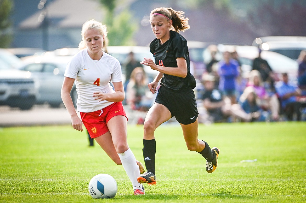 Flathead's Mia Stephan (11) makes a run for a first-half goal against Missoula Hellgate at Kidsports Complex on Saturday, Sept. 3. (Casey Kreider/Daily Inter Lake)