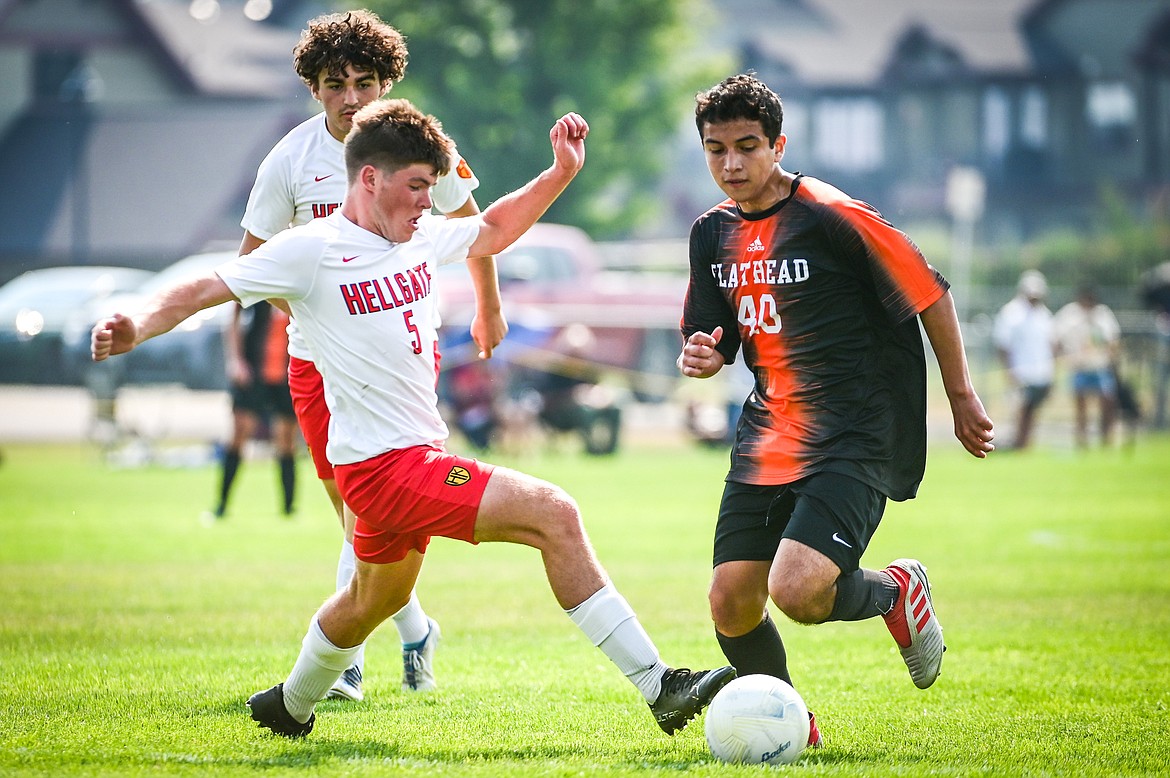 Flathead's Matthew Sanchez (40) pushes the ball upfield in the first half against Missoula Hellgate at Kidsports Complex on Saturday, Sept. 3. (Casey Kreider/Daily Inter Lake)