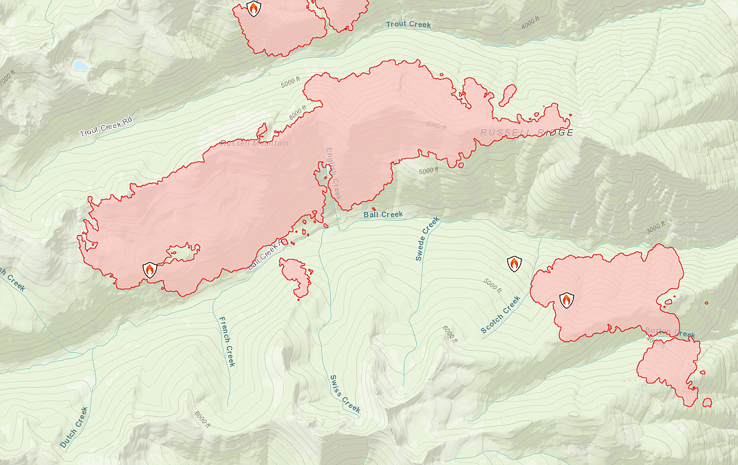 The Russel Mountain portion of the Kootenai River Complex fire. There has been a pre-evacuation notification for north of Ball Creek on Westside road in proximity to the fire.