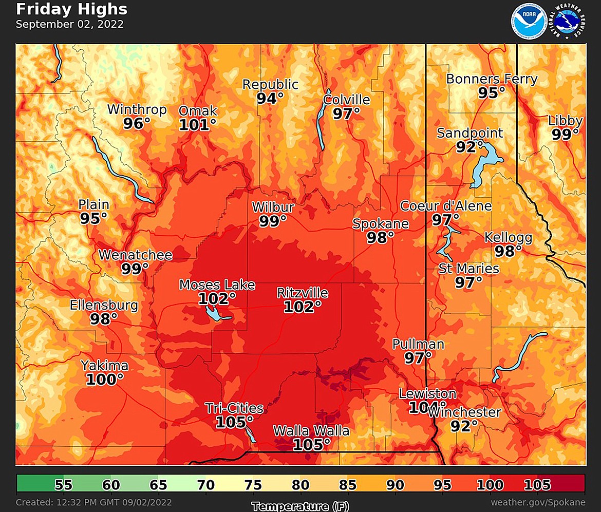 North Idaho and eastern Washington are under red flag warnings throughout the Labor Day weekend, with high heat already being seen. Above the high temperatures around the region on Friday.