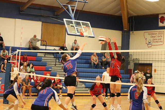 Superior's Lanie Crabb has her shot blocked by Noxon's Emily Brown during the Lady Bobcats 3-2 win over Noxon Thursday night in Superior. (Photo by Kami Milender)