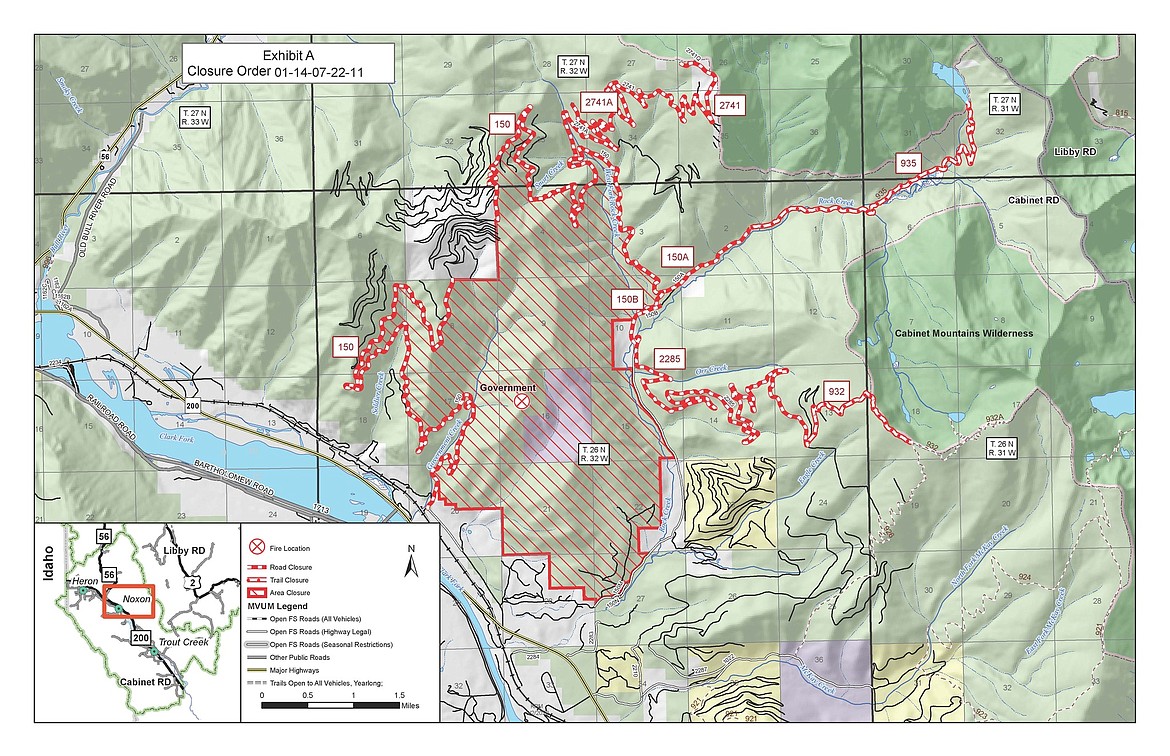 A map of closure orders for the Bull Gin Fire Complex on the Kootenai National Forest. (Kootenai National Forest photo)