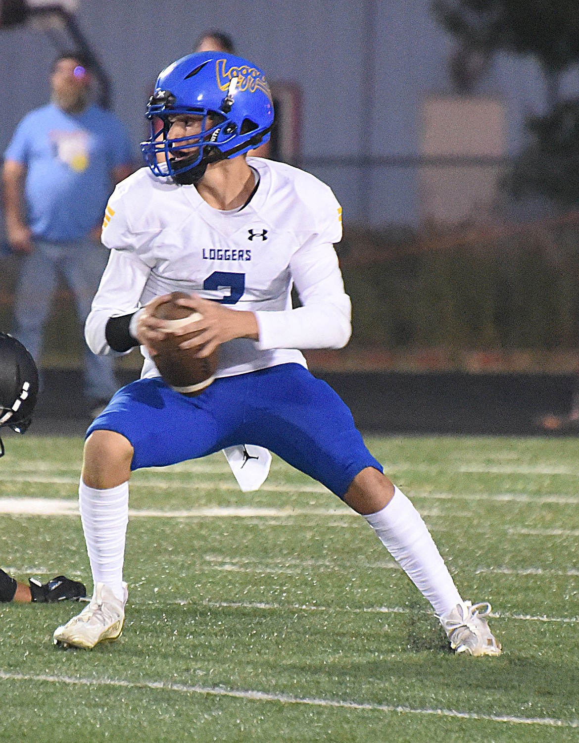 Libby Loggers quarterback Trevor Collins threw a touchdown pass in a 21-12 win over Ronan on Friday, Sept. 2. (Marla Hall/Lake County Leader)