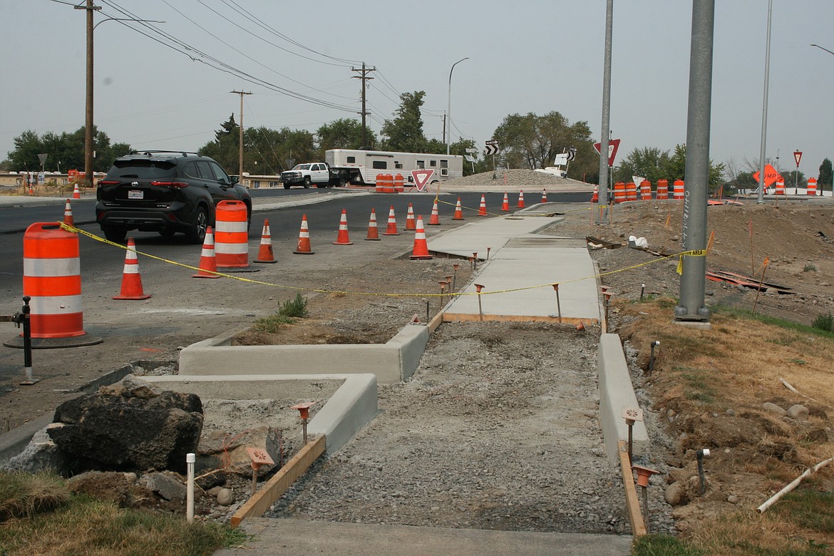 Sidewalks await installation at the roundabout at Grape Drive and State Route 17 Friday. The roundabout is scheduled for completion this week, though some beautification will be done at a later date.