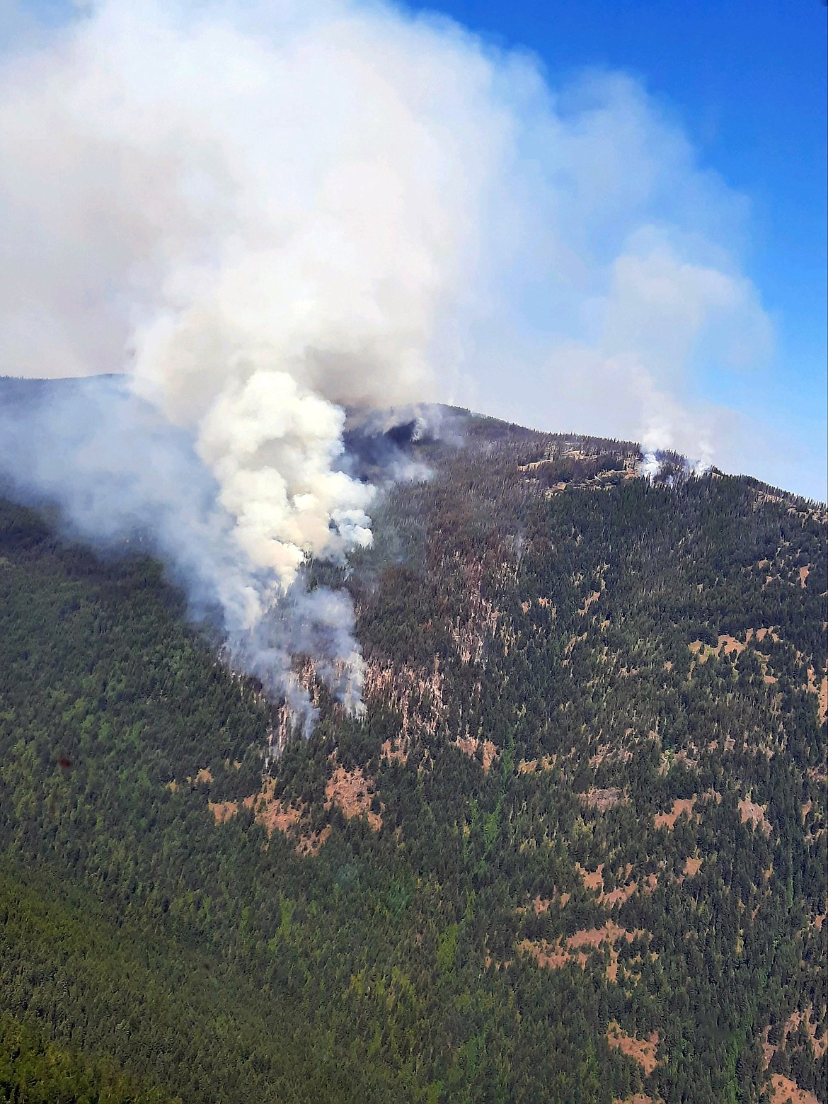 An aerial view of the Eneas Peak Fire taken on Aug. 19. The fire is now considered part of the Kootenai River Complex, which has burned just under 11,000 acres in Boundary County.