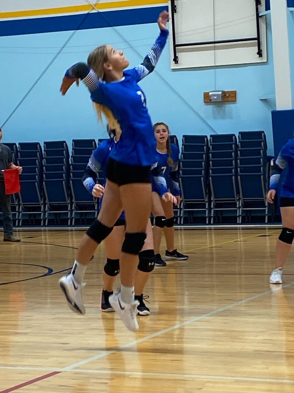 A Soap Lake player jumps for the ball at a game Tuesday night. Many of the players are new to the team this year, but coach Nicole Noble hopes to hone their skills into a strong team.