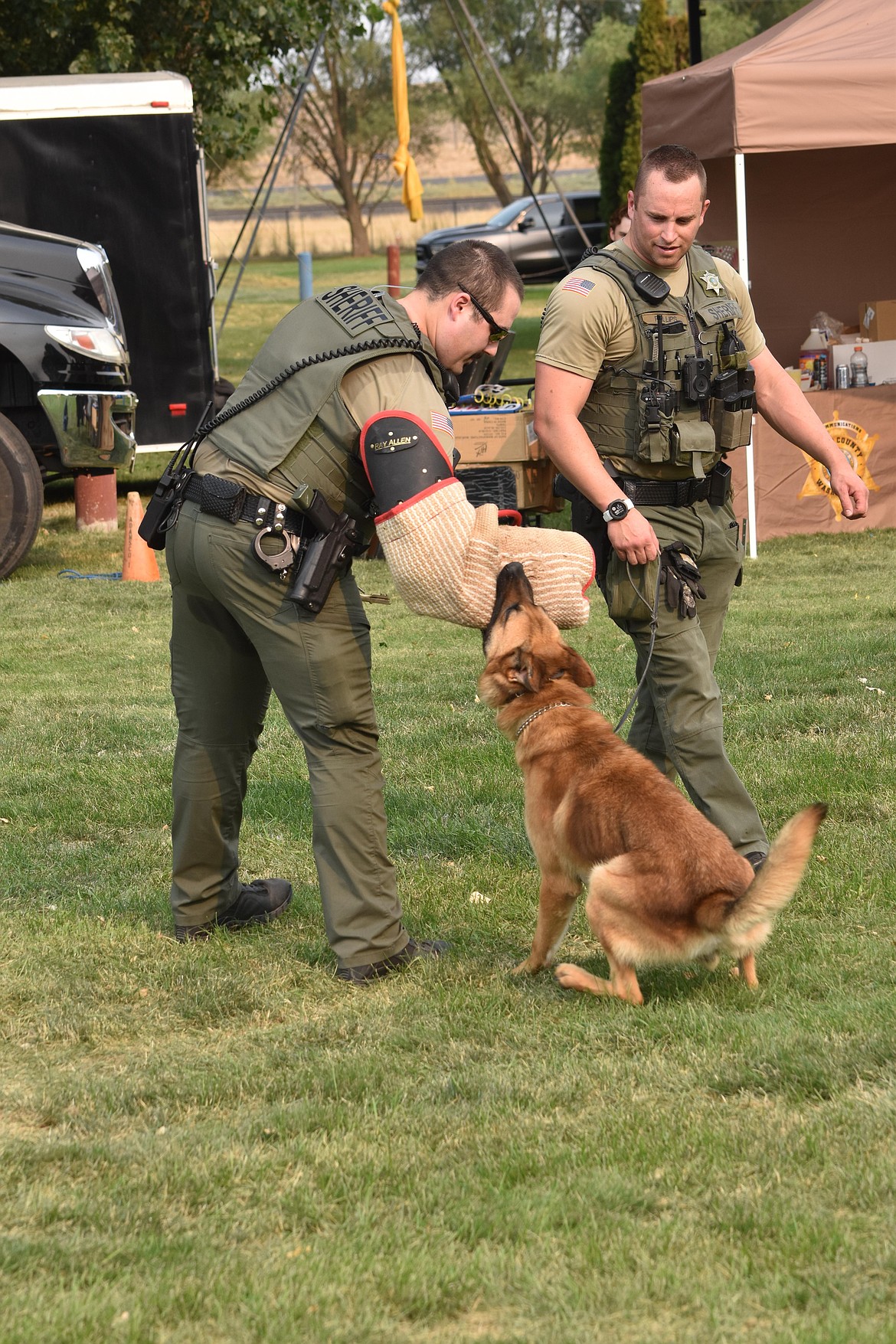 ACSO K-9 Nado does bite training with his handler, Deputy Phillips, right, and Corrections Officer Evan Armstrong, left, with the bite sleeve.