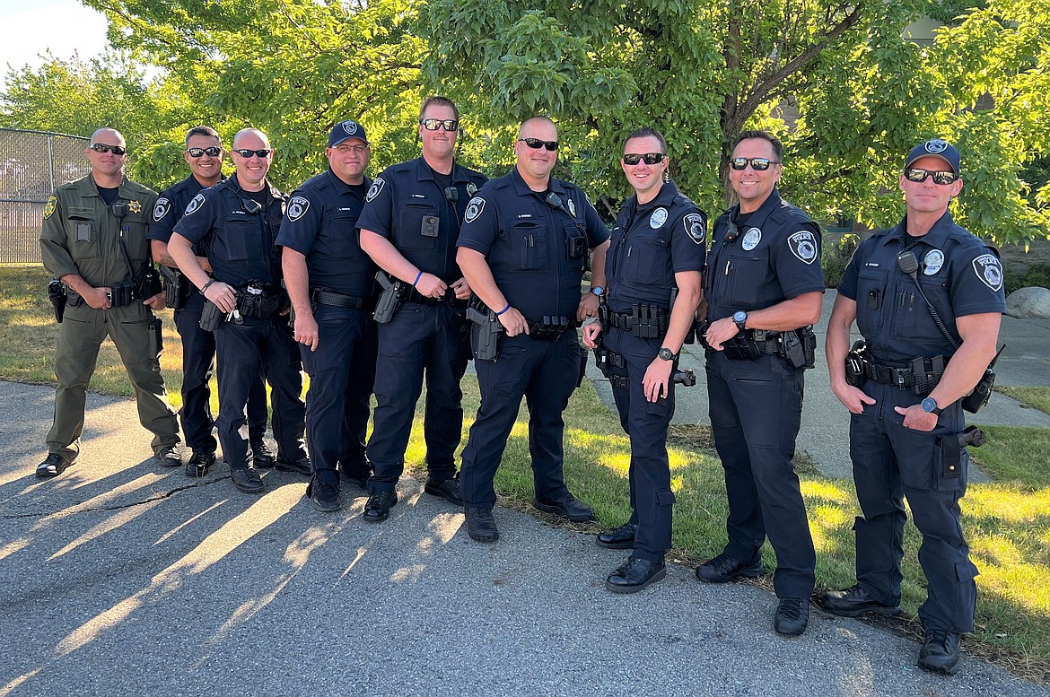 Here are the nine school resource officers assigned to the Coeur d'Alene School District. From left: Dep. Joshua Clubb — Atlas, Hayden Meadows, Dalton elementary schools; Detective Mario Rios, Coeur d’Alene High School; Detective Alan Gilbert — Bryan, Winton, Fernan, Sorensen elementary schools; Detective Lee Morgan, Canfield Middle School; Detective Jordan Noble, Venture High School; Detective Nate Petersen, Lake City High School; Detective Brad Wolfinger, Woodland Middle School; Detective John Reneau, Lakes Middle School; and Detective Craig Wade — Skyway, Ramsey and Borah elementary schools, Northwest Expedition Academy and Coeur d'Alene Early Learning Center.