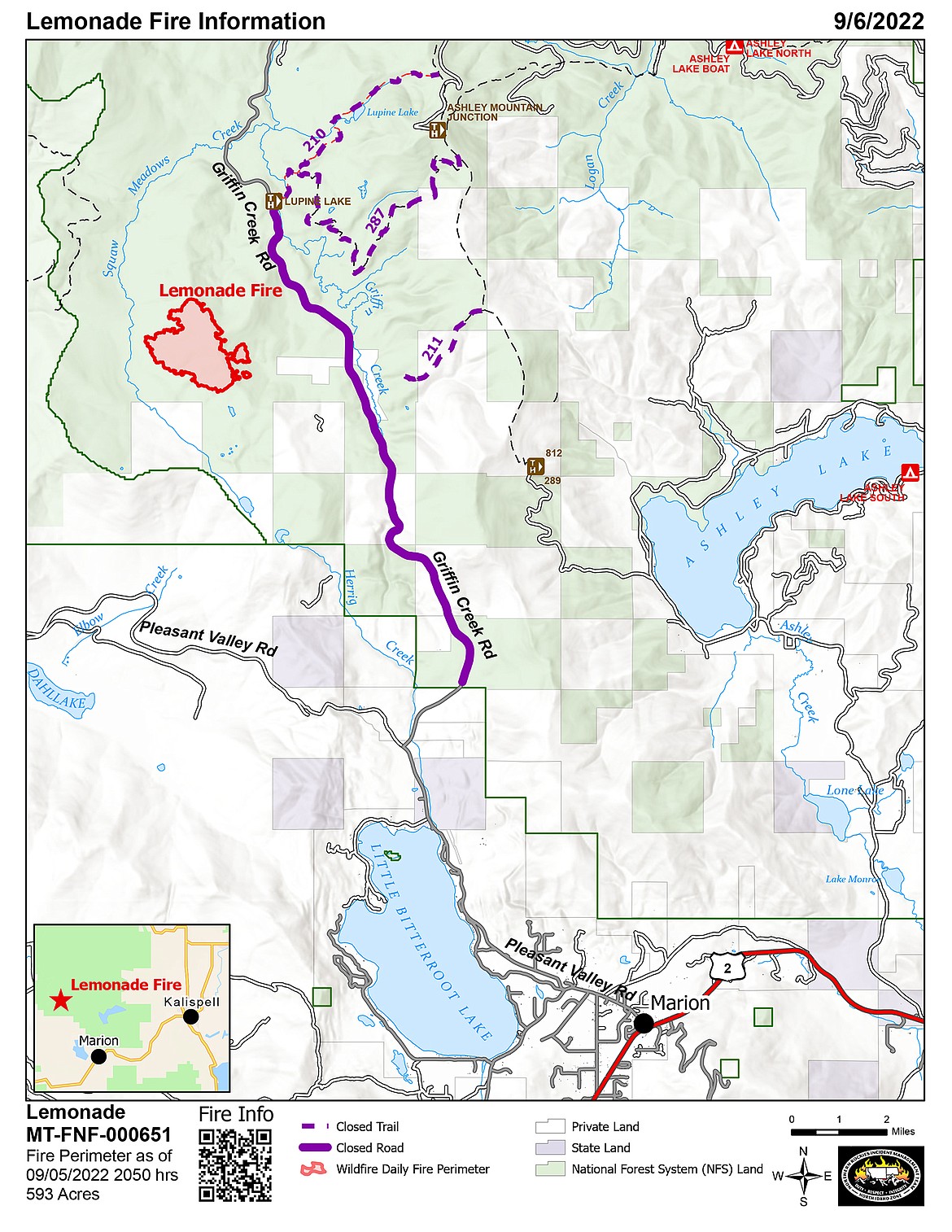 A map shows the Lemonade Fire west of Kalispell.