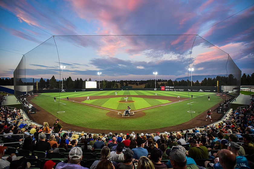 The sun sets behind Flathead Field as the Glacier Range Riders host their last home game of the season against the Great Falls Voyagers on Wednesday, Sept. 7, 2022. (Casey Kreider/Daily Inter Lake)