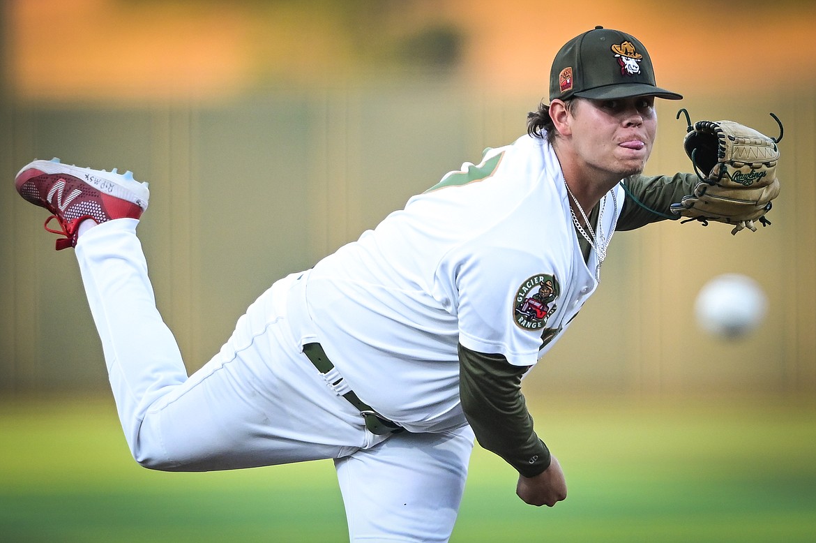 Glacier starting pitcher Kevin Kyle (27) delivers in the second inning against the Great Falls Voyagers at Flathead Field on Wednesday, Sept. 7. (Casey Kreider/Daily Inter Lake)