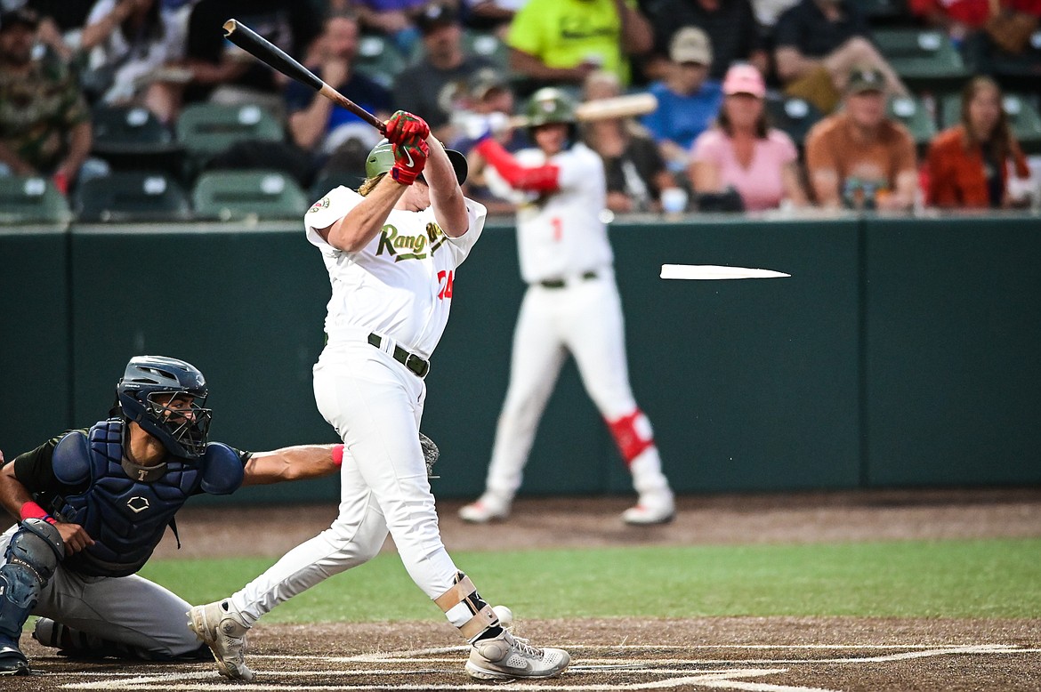 Glacier's Brody Wofford (24) breaks his bat on a pitch against the Great Falls Voyagers at Flathead Field on Wednesday, Sept. 7. (Casey Kreider/Daily Inter Lake)