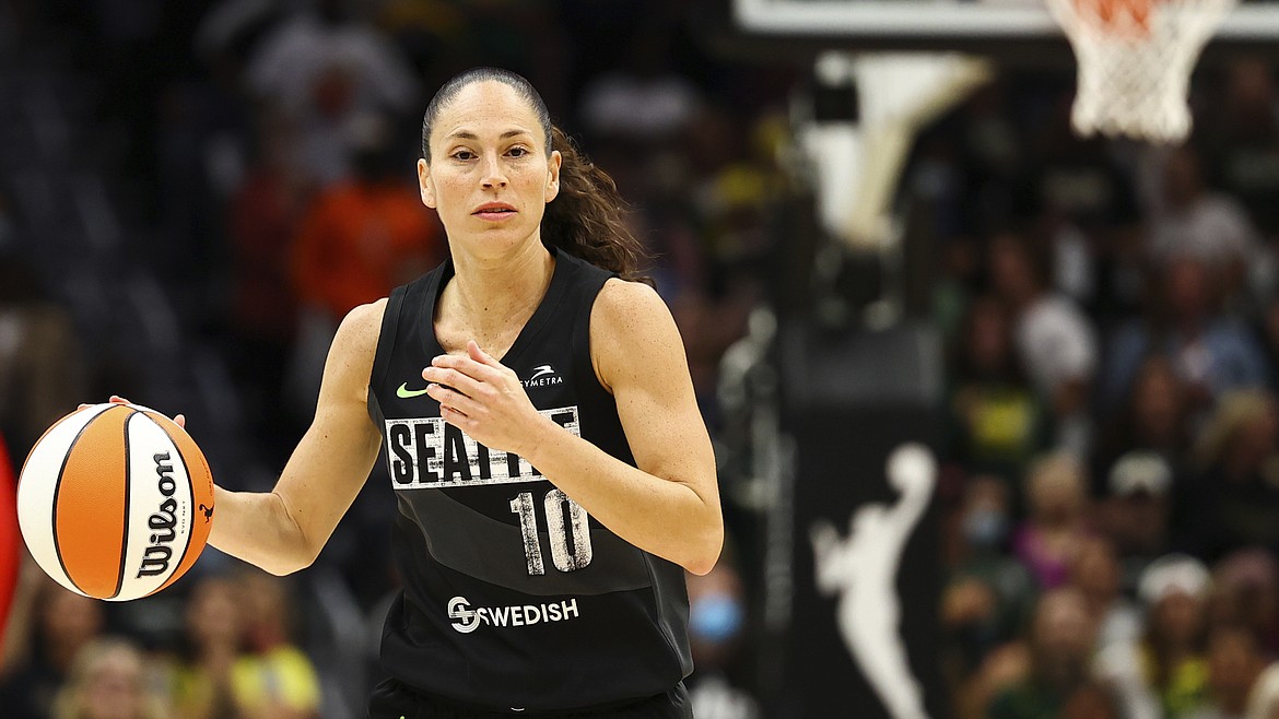 Seattle Storm guard Sue Bird (10) dribbles the ball against the Las Vegas Aces during the first half of Game 4 of a WNBA basketball playoff semifinal Tuesday, Sept. 6, 2022, in Seattle. The Aces beat the Storm 97-92 to advance to the WNBA Finals.