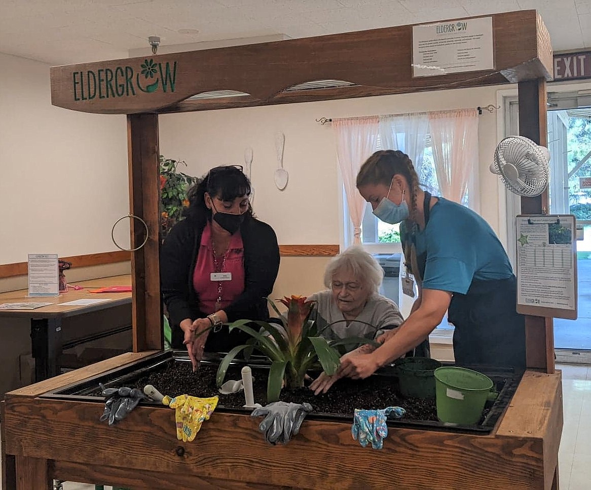 Cascadia Activities Director Misty McEnany and Eldergrow Educator Kara Donaldson assist resident Julie in planting the first flower in the indoor garden.