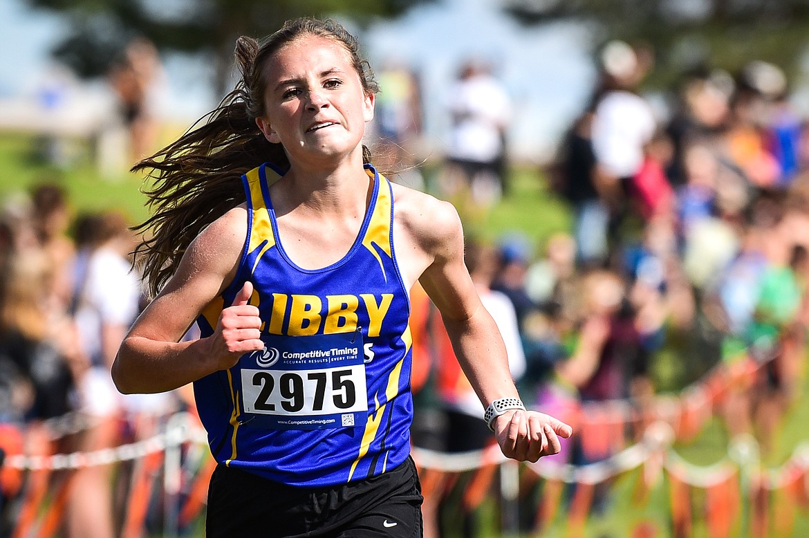 Libby's Madison Vincent heads to the finish line at the Flathead Invite at Rebecca Farm on Friday, Sept. 9. (Casey Kreider/Daily Inter Lake)